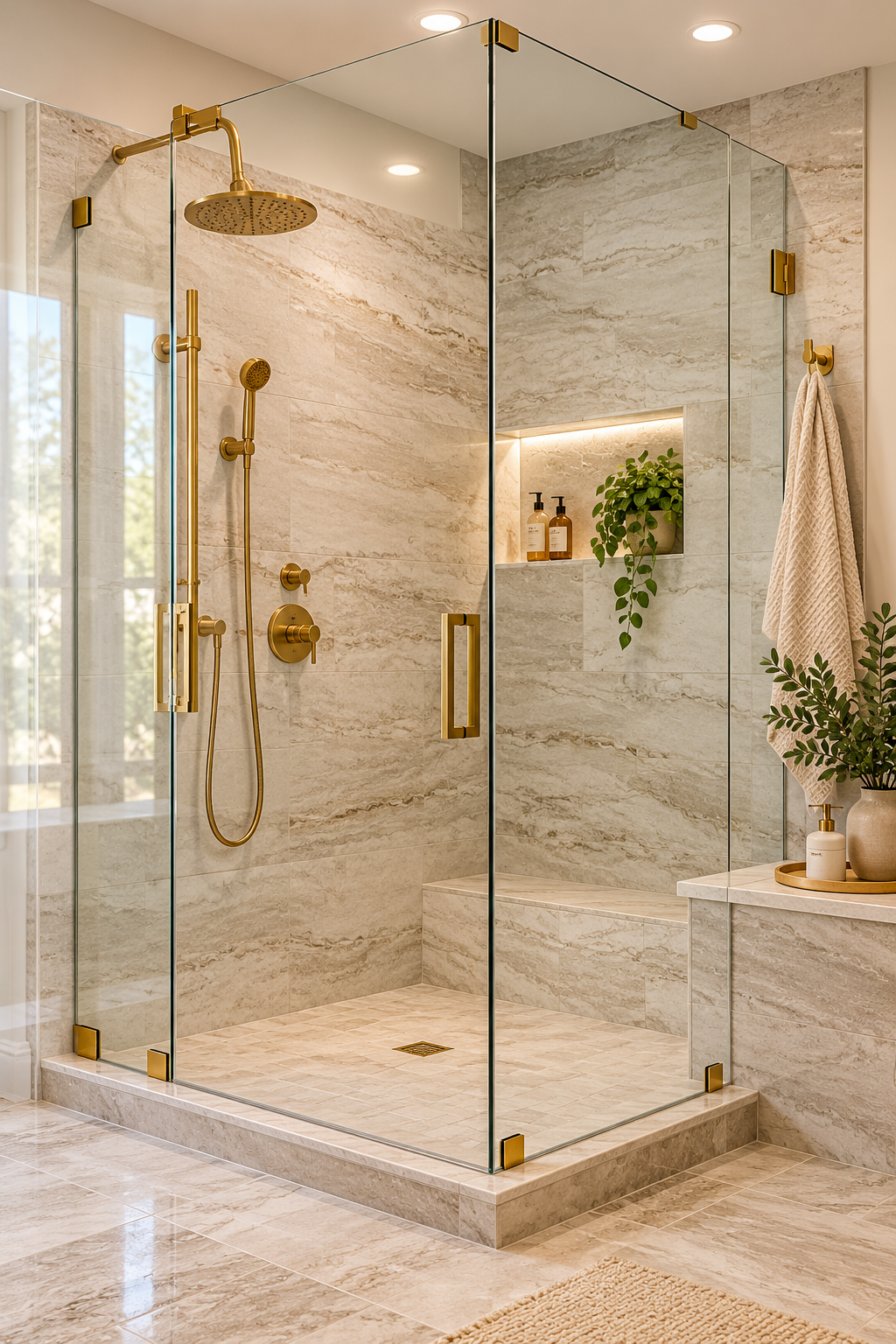 Beautiful luxury bathroom with natural stone, warm cabinetry and refined fixtures