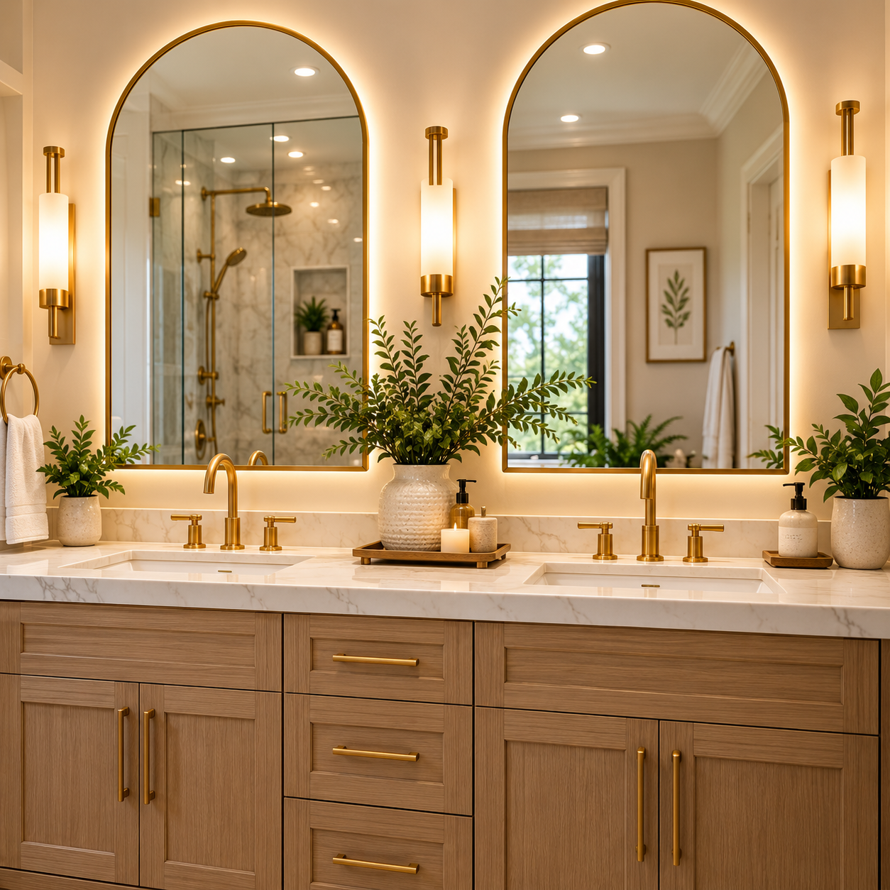 Bathroom vanity with decorative mirrors, lighting and brass fixtures