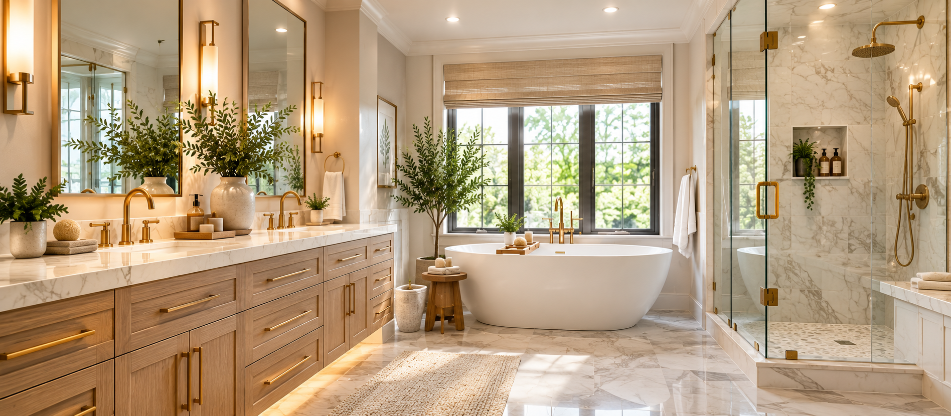 Elegant bathroom vanity with beautiful cabinetry, stone and brass fixtures