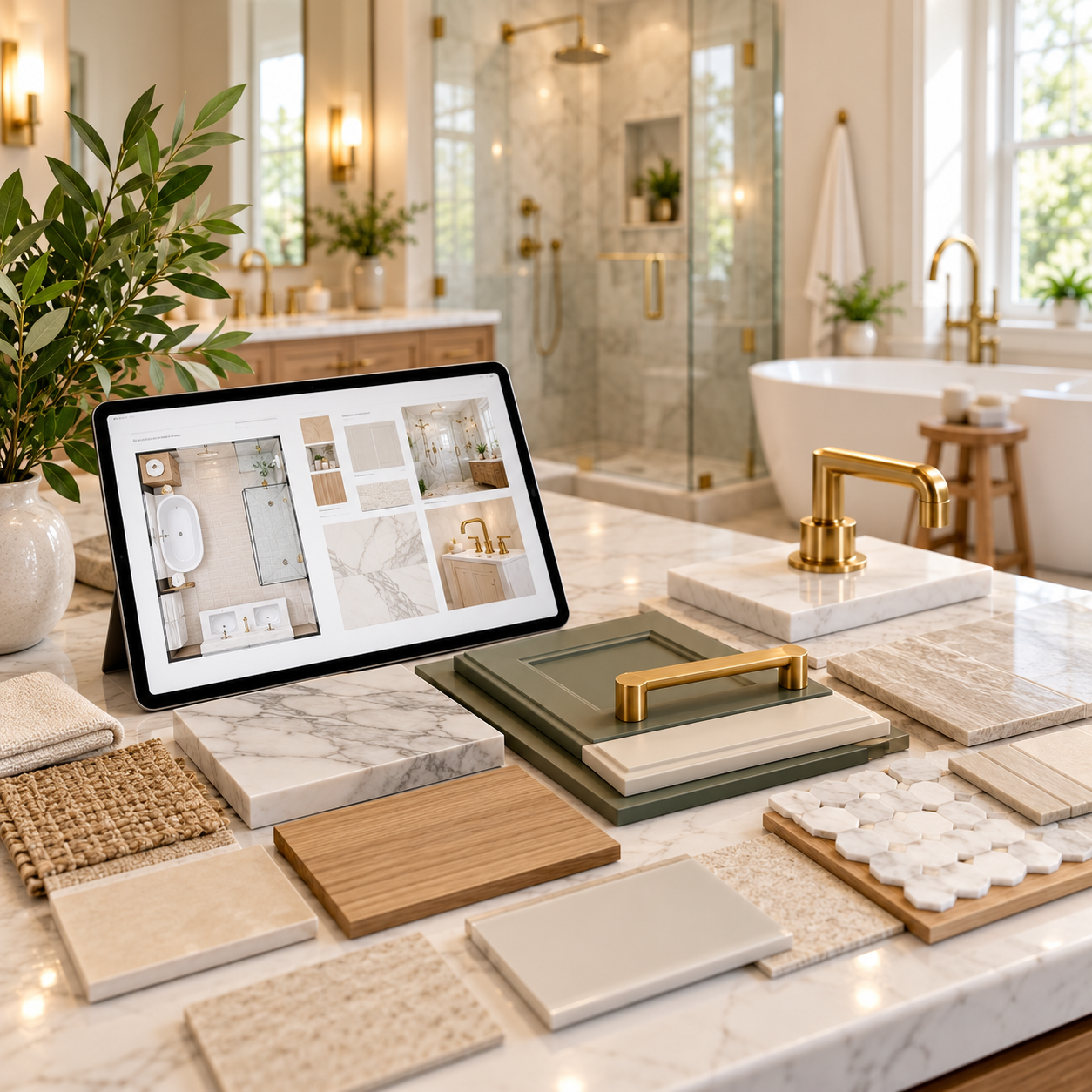 Interior design plans and coordinated materials for a kitchen or bathroom project
