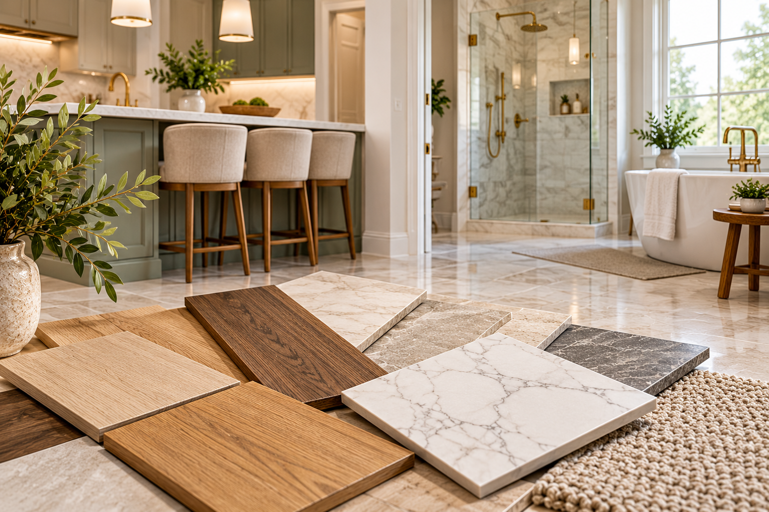 Warm kitchen flooring with natural wood-inspired finishes