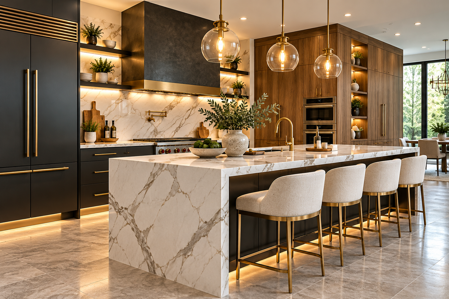 Luxury kitchen featuring coordinated cabinetry, stone countertops and elegant finishes