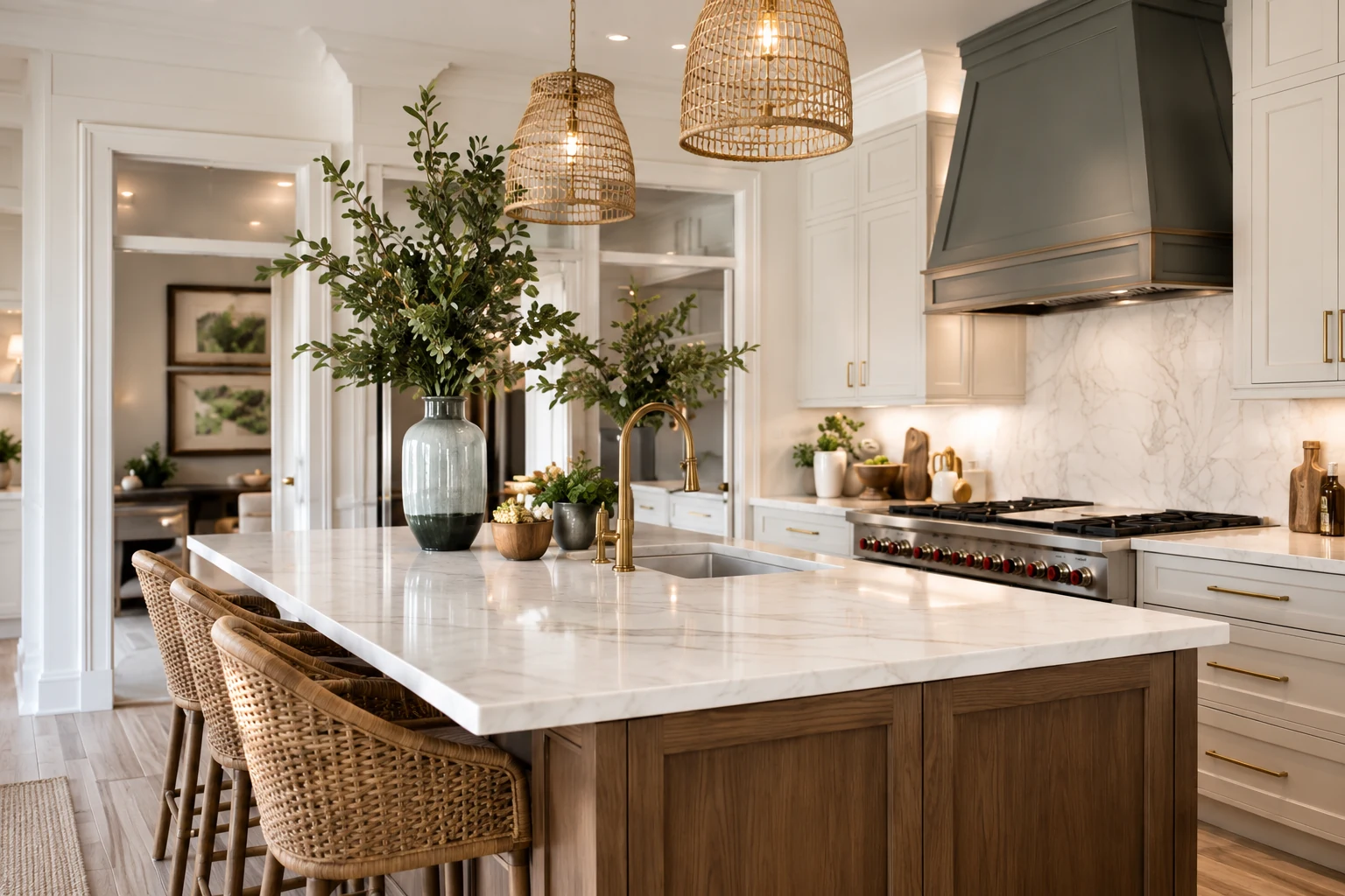 Beautiful kitchen with marble countertops, natural wood cabinetry and woven pendant lights