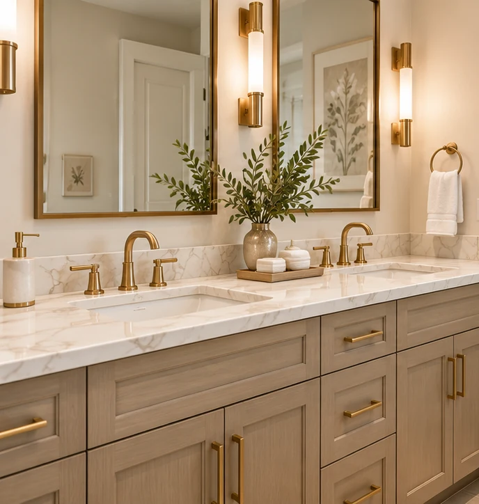 Bathroom vanity with warm wood cabinetry and brass hardware