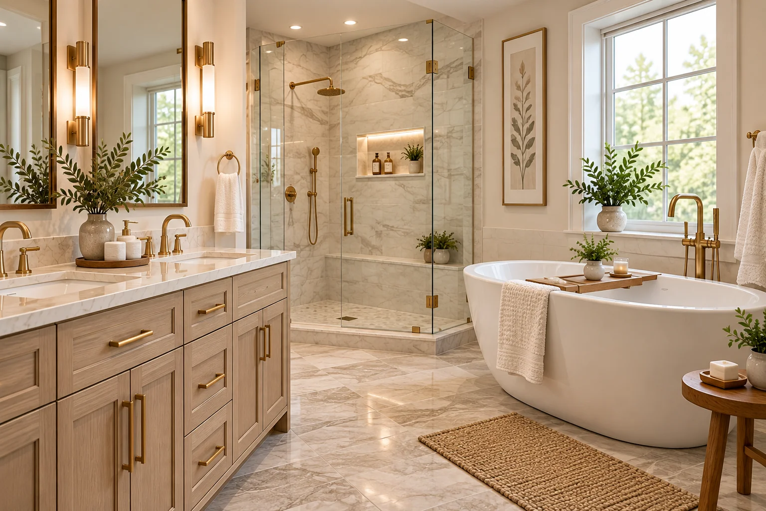 Luxury bathroom featuring coordinated cabinetry, stone countertops and elegant fixtures