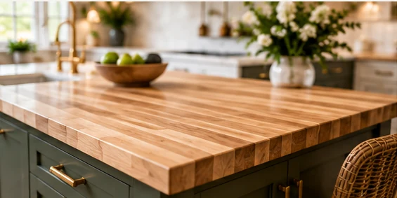 Warm natural wood butcher block kitchen island countertop
