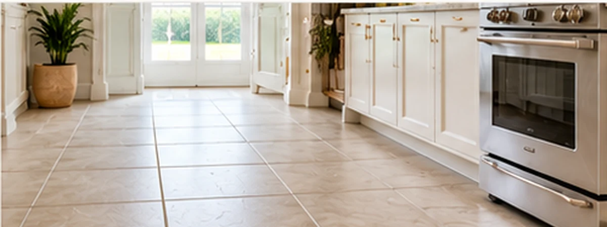 Neutral square ceramic tile floor in a classic kitchen