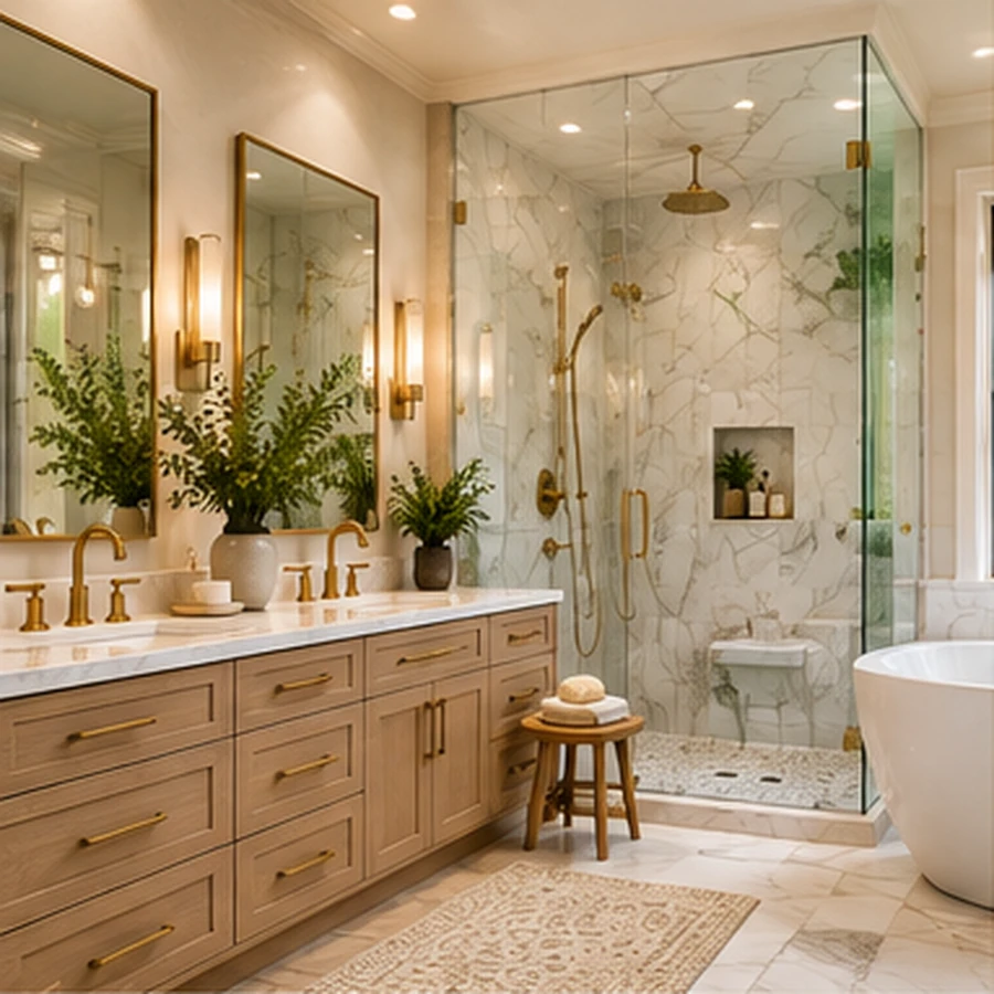 Bathroom vanity with coordinated brass faucets, mirrors and lighting