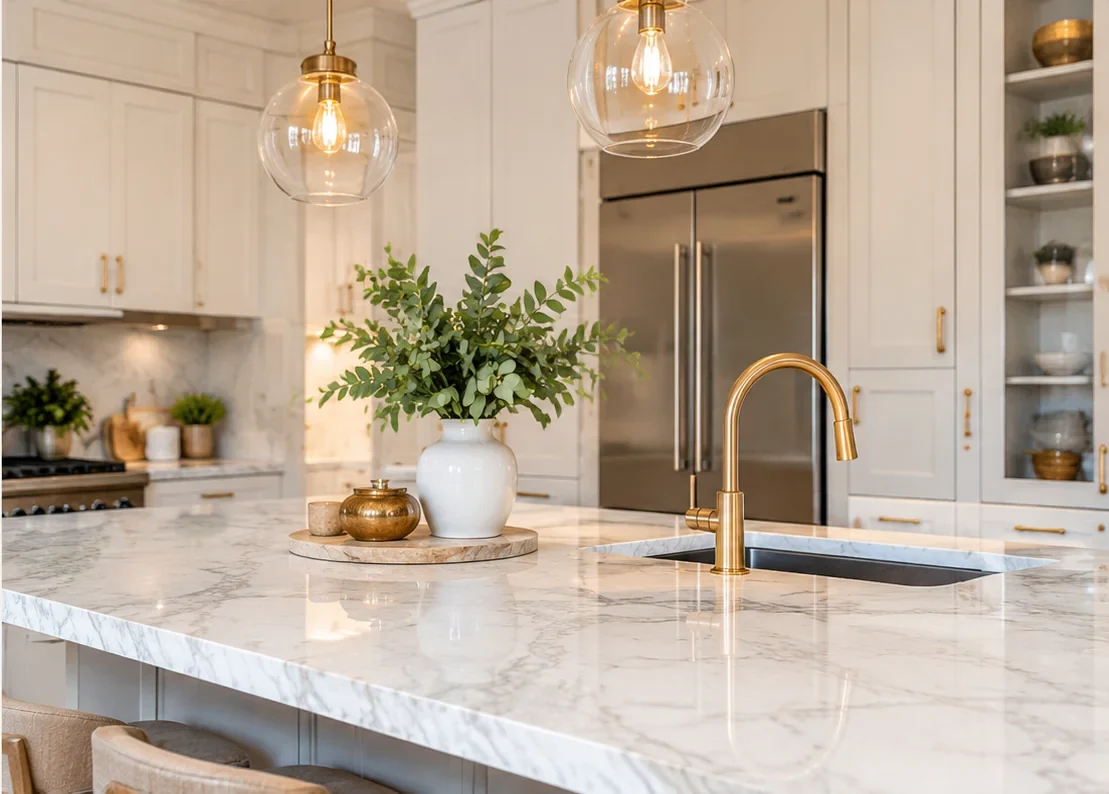 Bright remodeled kitchen with large island and elegant cabinetry