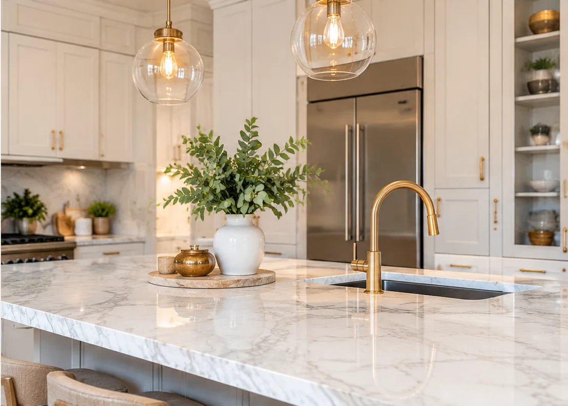 Beautiful modern kitchen with marble island and brass faucet