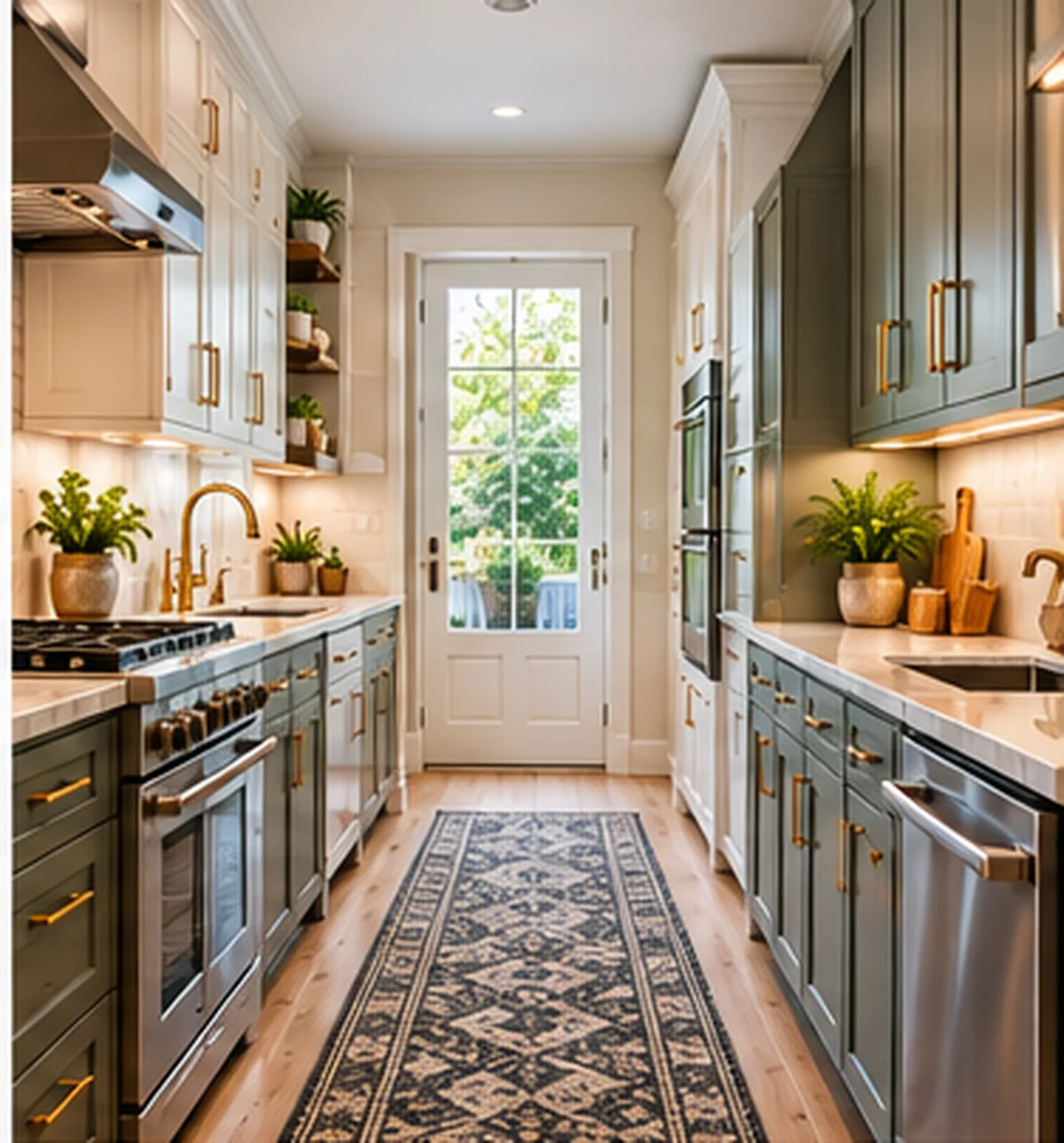 Narrow galley kitchen with parallel cabinetry
