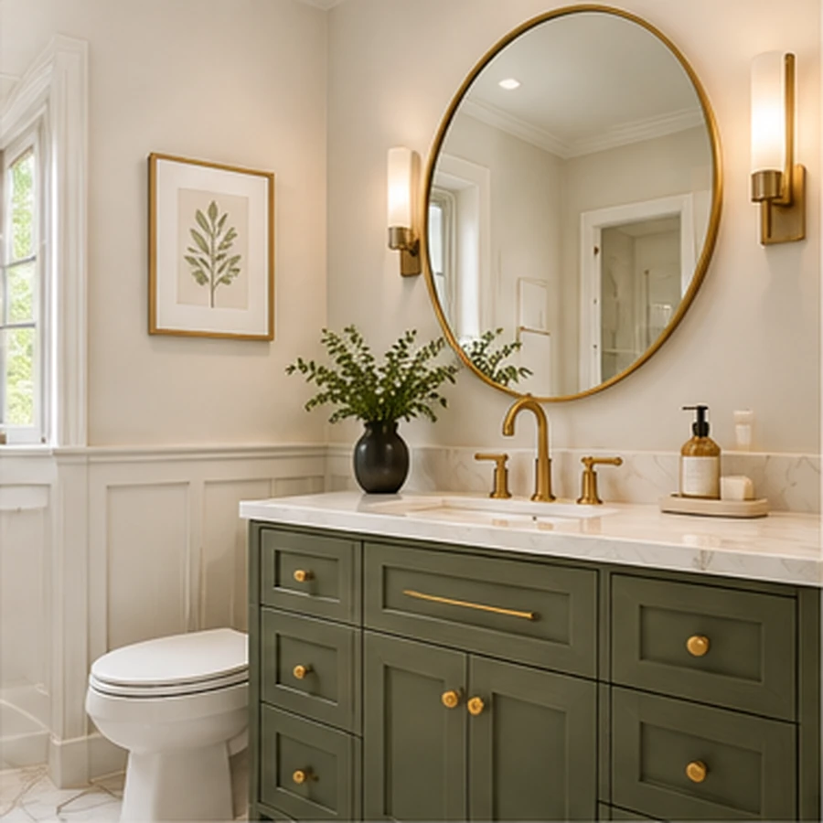 Elegant bathroom vanity with stone countertop and brass fixtures