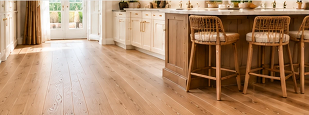 Warm natural hardwood plank flooring in a bright kitchen