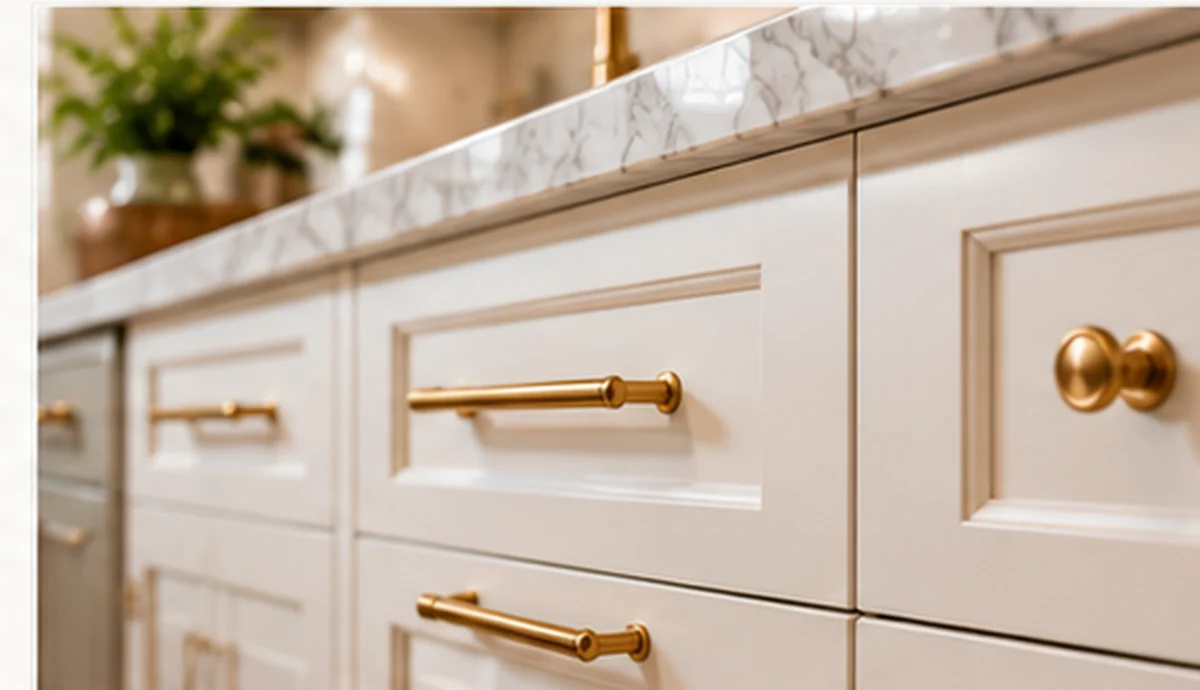 Brushed brass cabinet pulls and knobs on white shaker kitchen cabinetry