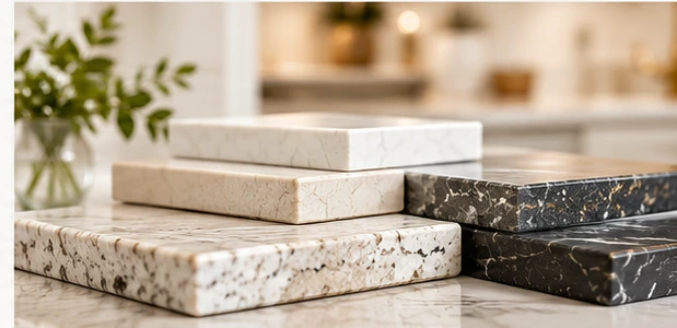 Kitchen countertop stone samples and coordinated materials