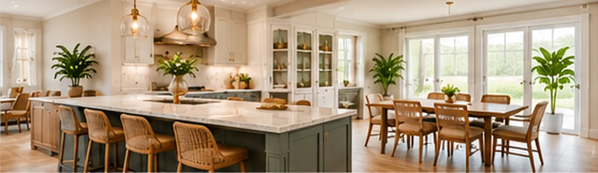 Open kitchen with a large island flowing naturally into an adjacent dining area
