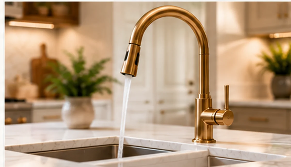 Brushed brass pull-down kitchen faucet above an undermount sink