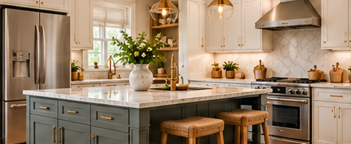 Remodeled kitchen with reorganized cabinetry, island, and appliance placement