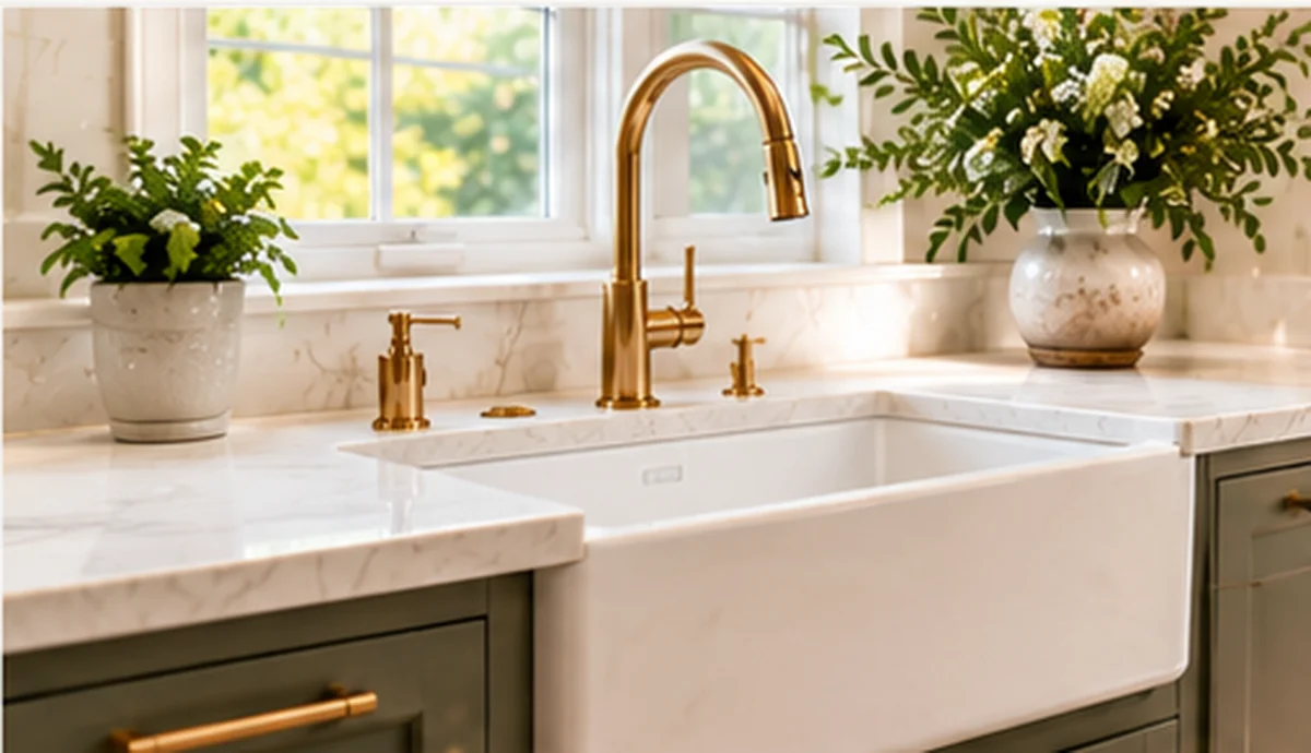 White farmhouse kitchen sink with brushed brass faucet and marble countertop