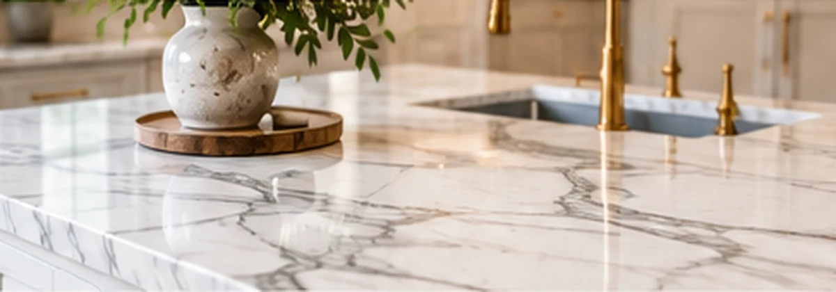 White marble kitchen countertop with dramatic veining