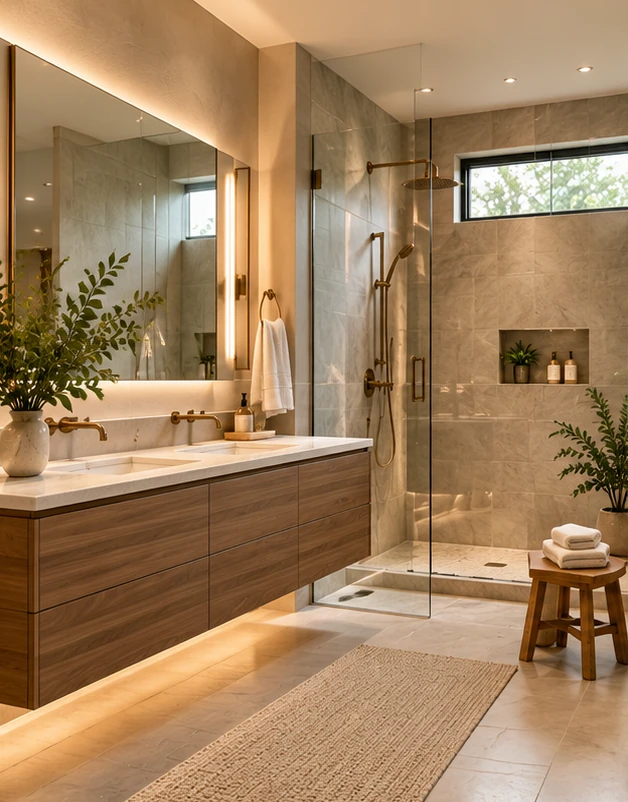 Modern luxury bathroom with floating wood vanity and contemporary stone finishes