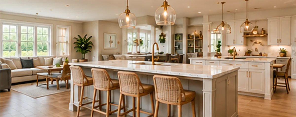 Bright open-concept kitchen connected to a living area with a spacious island