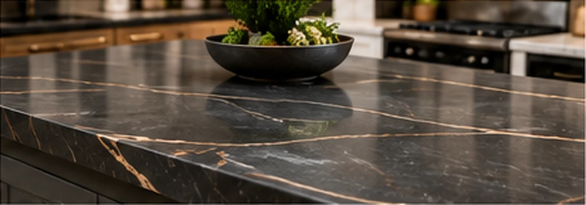 Dark porcelain-look kitchen countertop with delicate veins