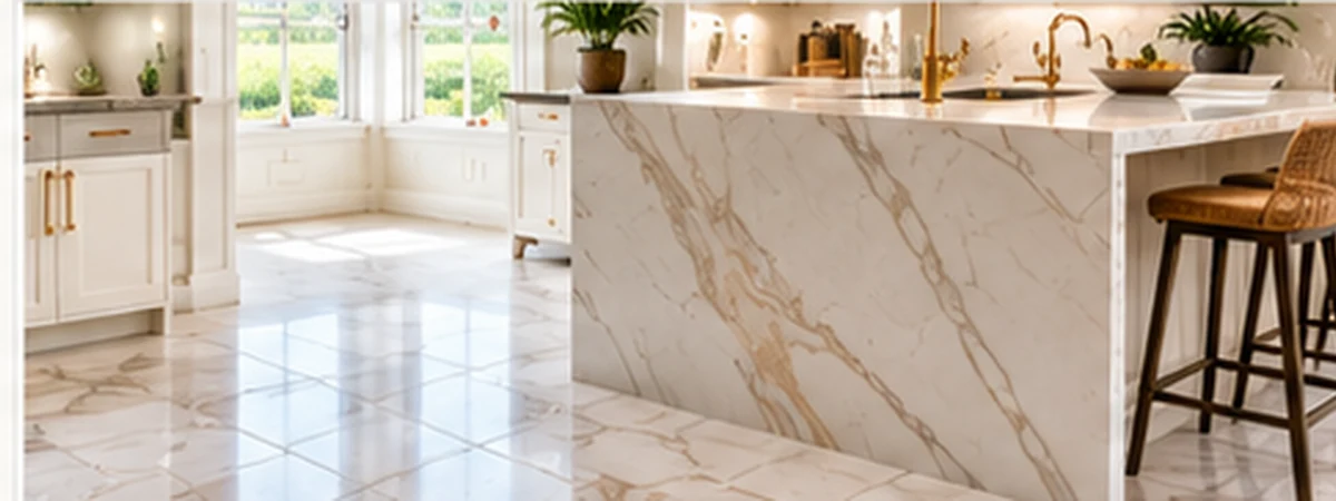Large-format marble-look porcelain tile kitchen floor