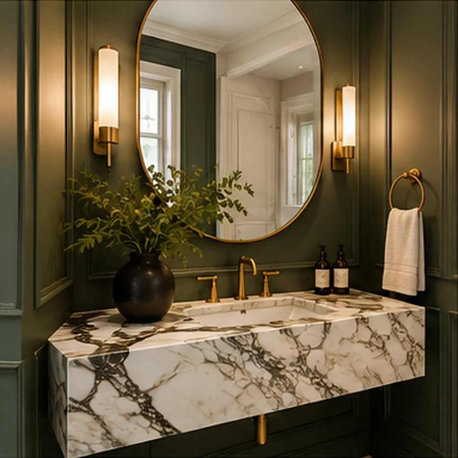 Decorative bathroom vanity with brass details
