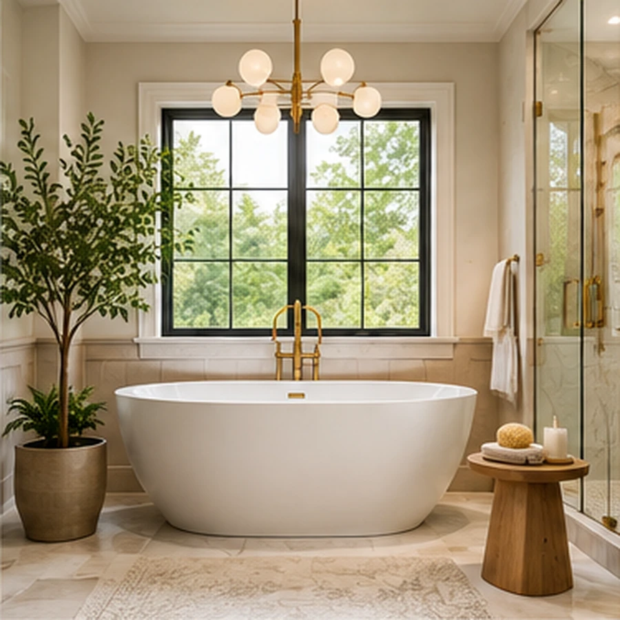 Luxury primary bathroom with freestanding bathtub and coordinated finishes