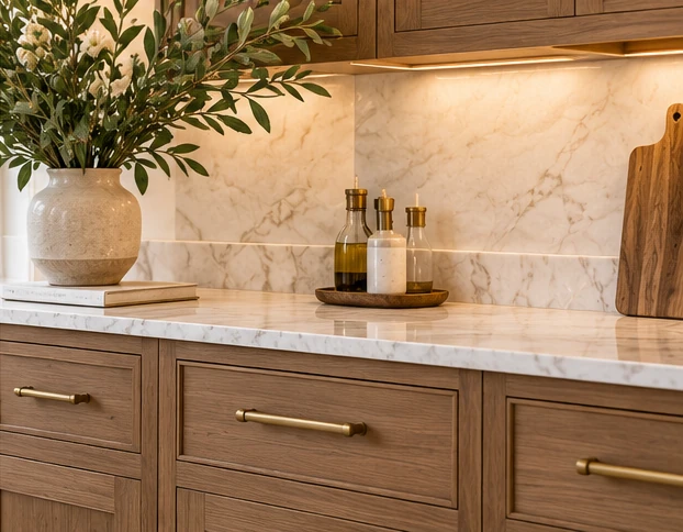Beautiful cabinetry with marble countertops and brass hardware