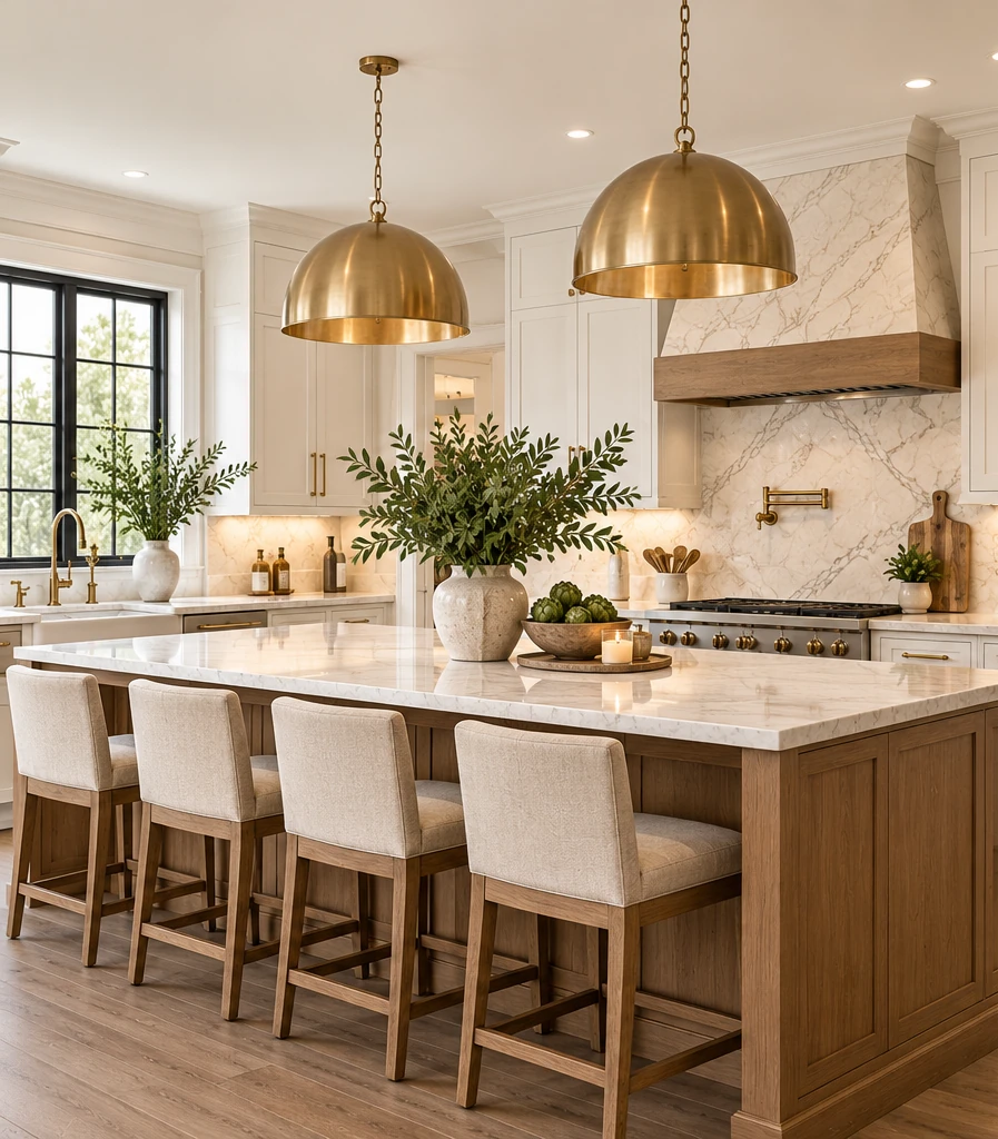 Elegant transitional kitchen with marble island and warm wood cabinetry