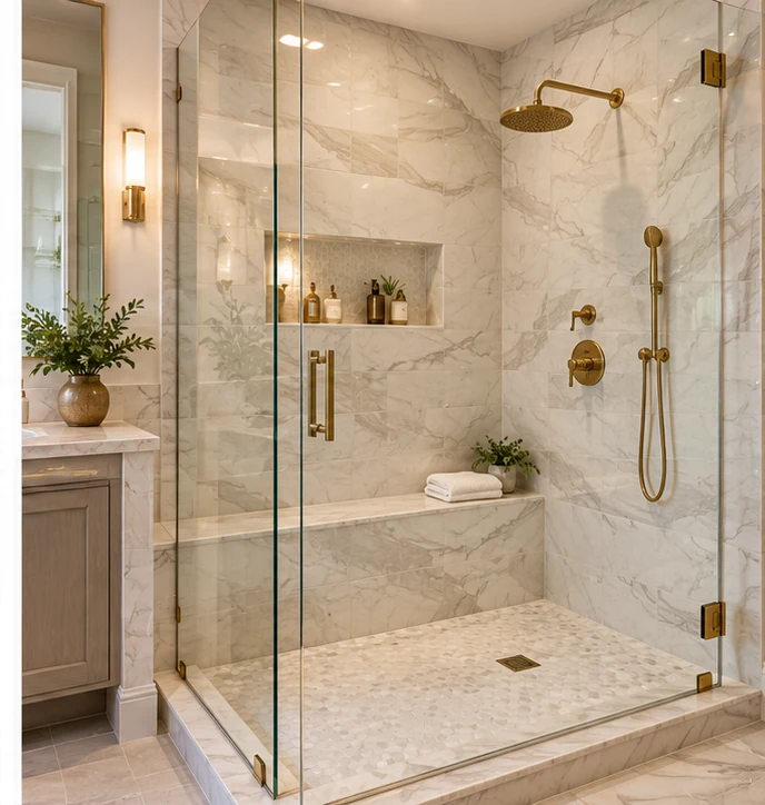 Luxury walk-in shower with beautiful stone tile, frameless glass and brass fixtures