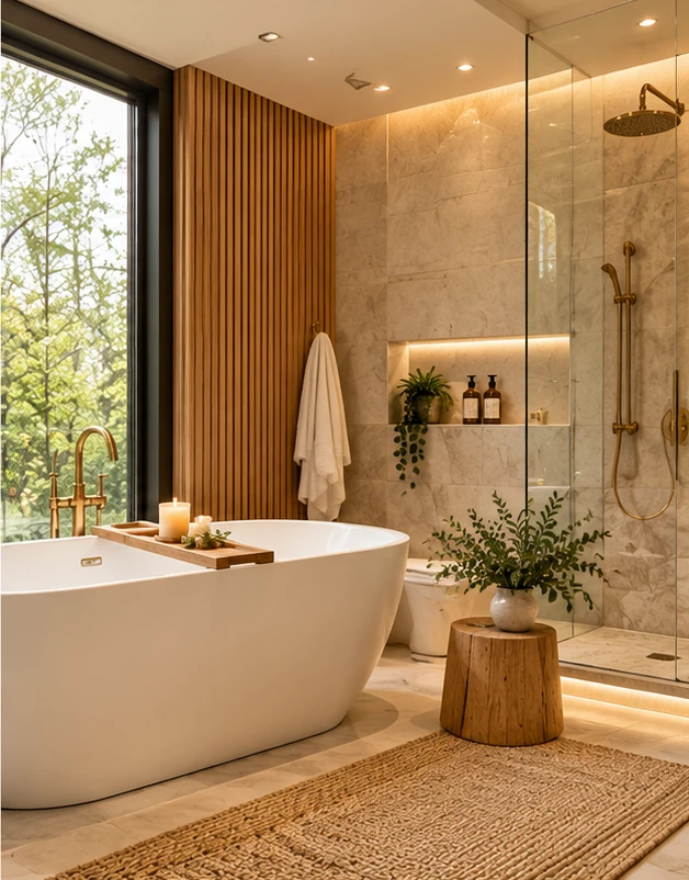 Spa-inspired luxury bathroom with freestanding bathtub, natural stone and warm wood