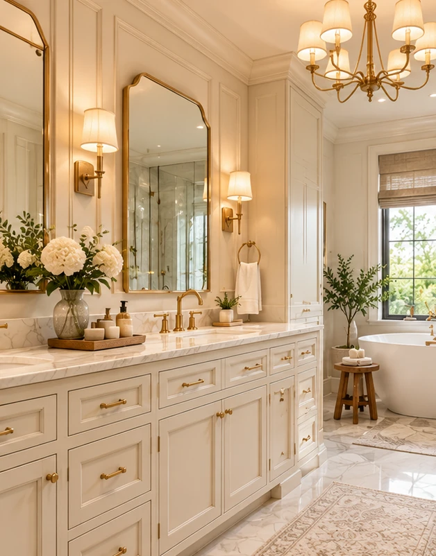 Beautiful bathroom with coordinated vanity, countertop, tile and brass fixtures