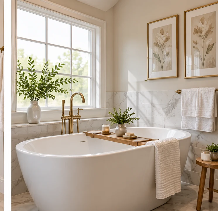 Beautiful bathroom with freestanding bathtub and coordinated brass fixtures