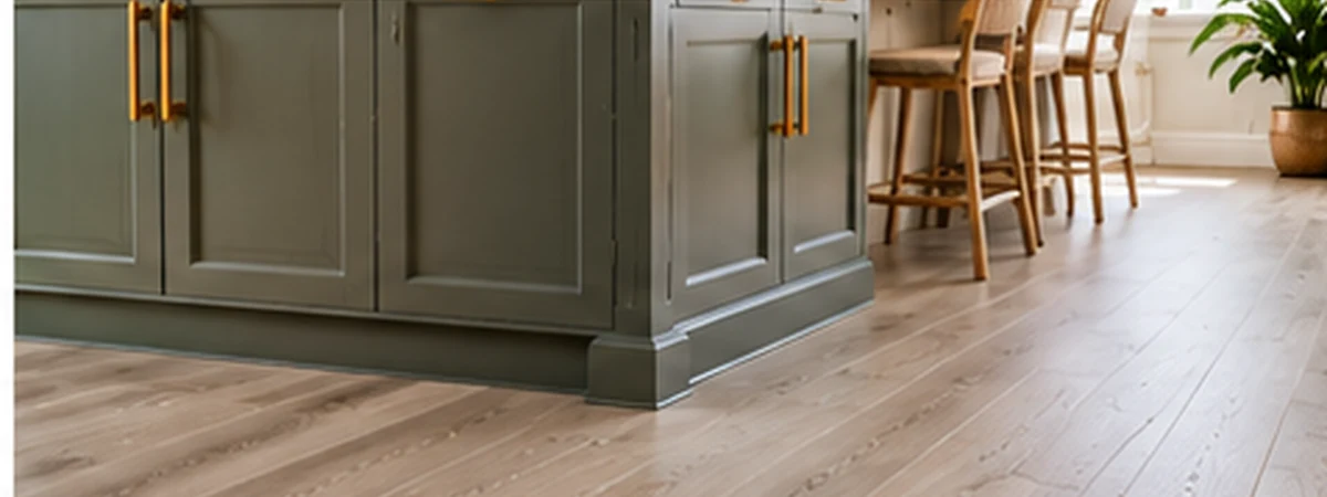Water-resistant wood-look plank flooring beneath sage kitchen cabinetry